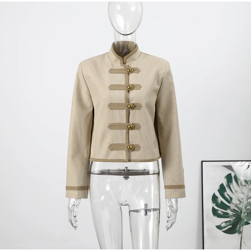 Napoleon Golden Short Jacket Women Vintage Stand Collar Long Sleeve Cropped Jackets 2026 Spring New Lady Outwear High Street