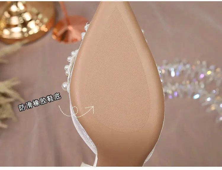 2025 White Wedding Shoes Bridesmaid Shoes Women's Lace Shoes Fashion High Heels Pearl Pumps