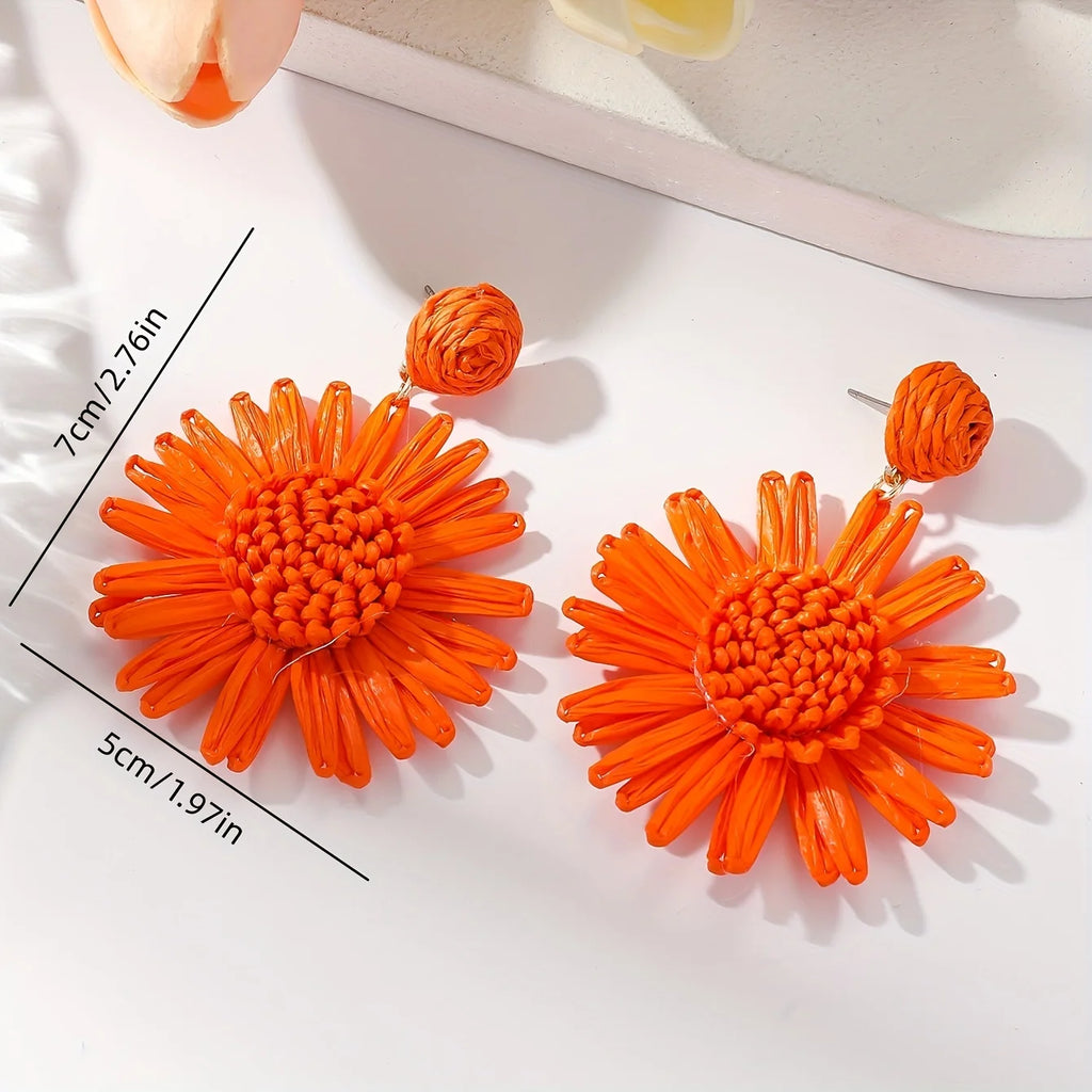 Bohemian vacation style hand-woven raffia sunflower droop earrings beach style multi-color fashion ladies special gift (1 pair)