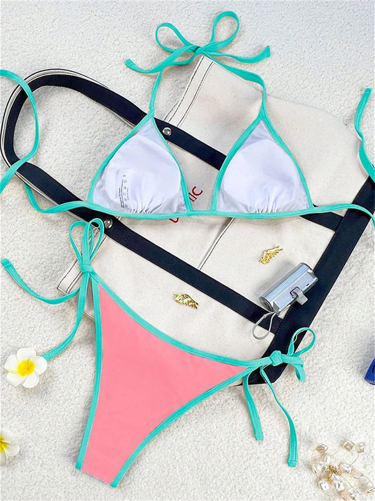 Women’s Vintage Blue Triangle Bikini – Border String Push‑Up Backless Extreme Swimsuit Beach Set