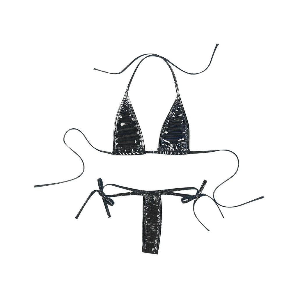 Women’s Metallic Shiny Bikini Set – Lacing Brazilian Micro Swimsuit with Triangle Top & G‑String Bottoms