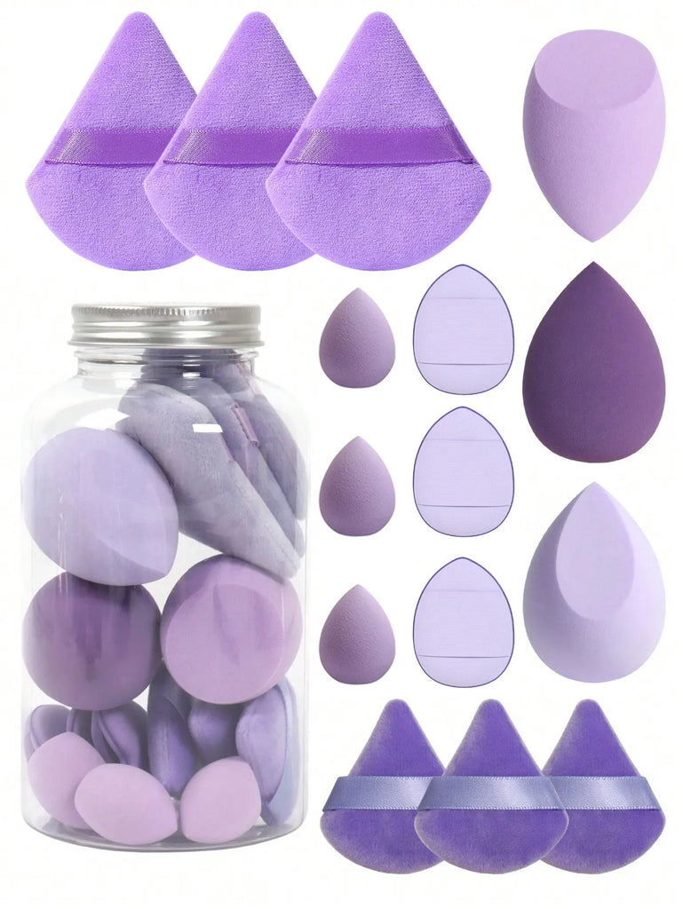 15pcs Makeup Sponge Set with Storage Jar – Powder Puff, Mini Finger Puff & Triangle Air Cushion Blenders