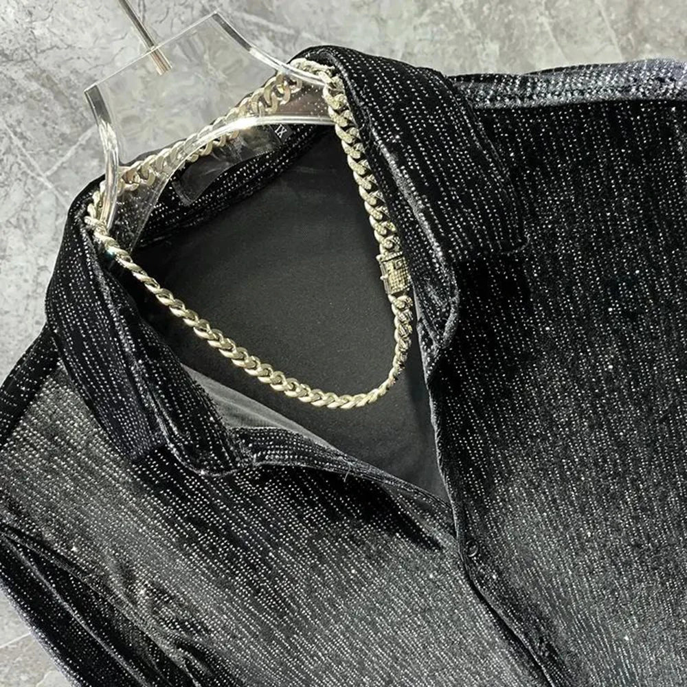 Gold Velvet Shiny Long‑Sleeve Shirt