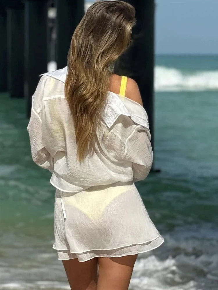 JULISSA MO Casual Vacation Two Piece Sets Women Shirt Suit Yellow Turn-down Collar Bandage Mini Skirt Set Summer Slim Beachwear
