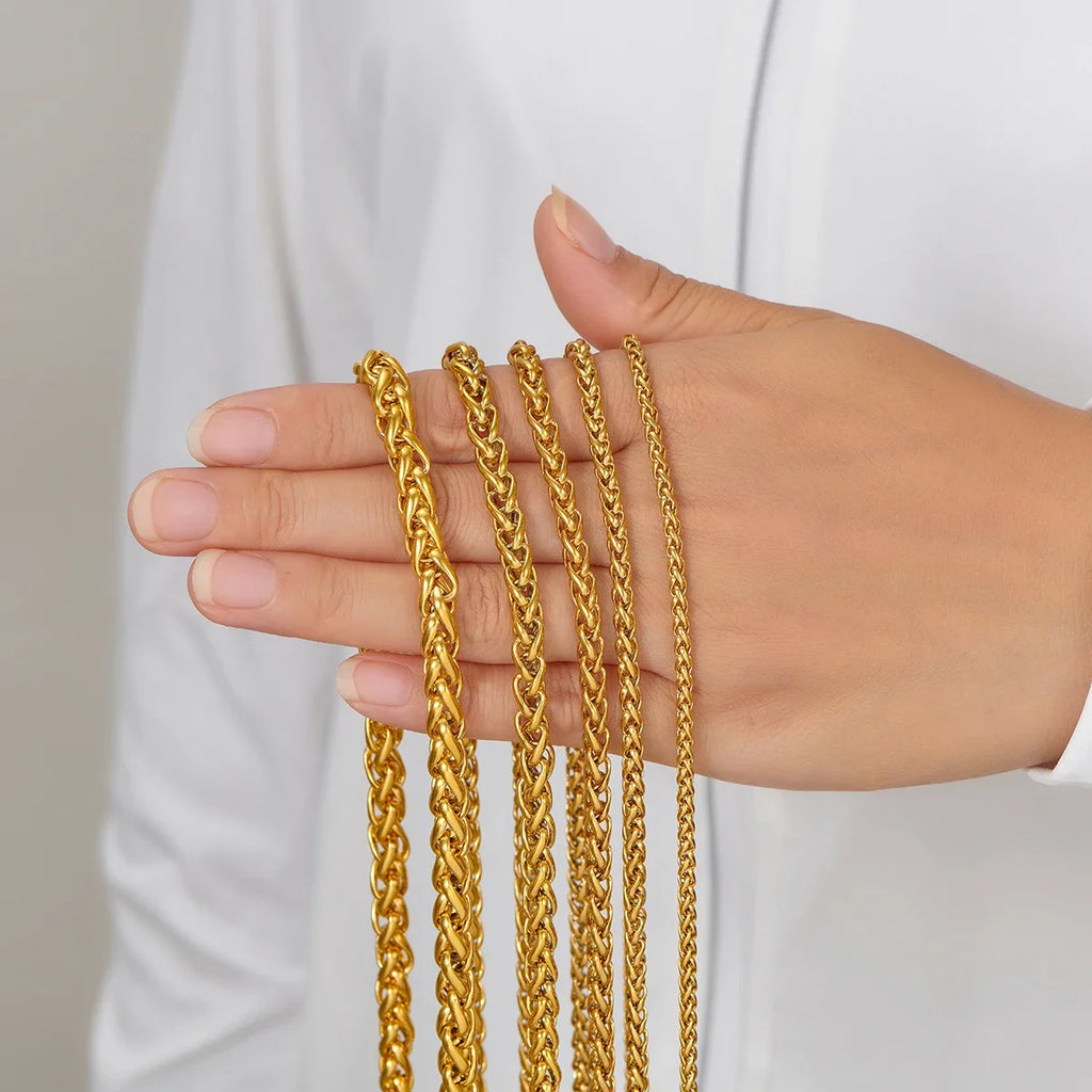 HIYEE Thickness 3/4/5/6/7/8mm Gold Color Wheat Braided Stainless Steel Necklace Link Classic Curb Chain for Men Women Jewelry