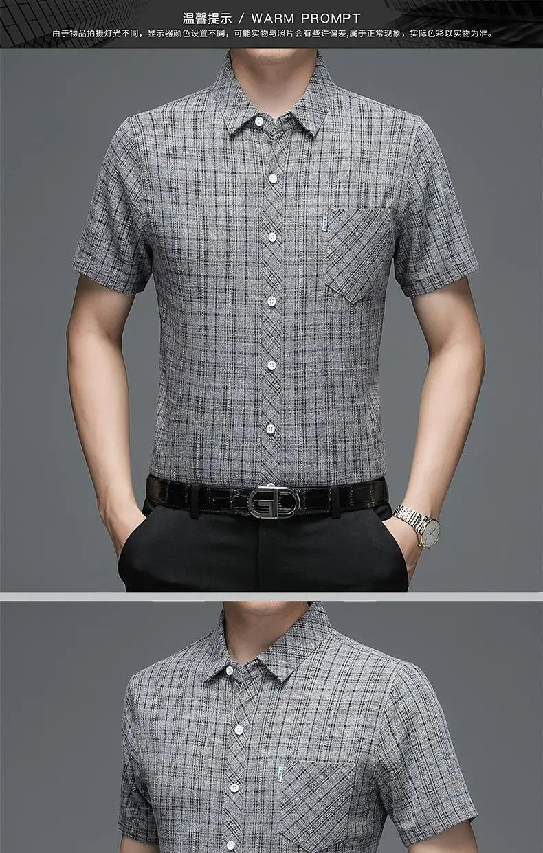 Grey Plaid Short‑Sleeve Button‑Down Shirt