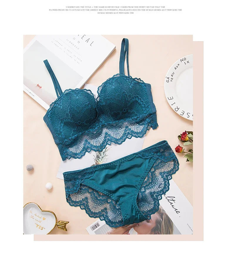 Sexy Push Up Bra Lingerie Set - Comfortable Wireless Lace Underwear, Massage Palm Cup for Lift, 75C/80C/85C