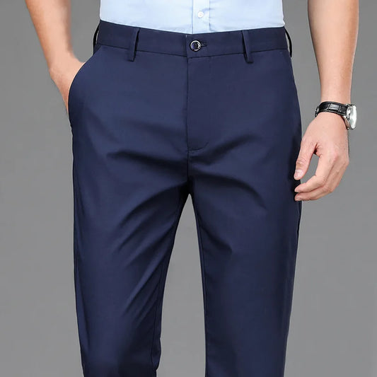 Men’s Stretch Smart Casual Pants – Solid Black Quick‑Dry Office Trousers, Korean Straight Fit for Spring & Autumn