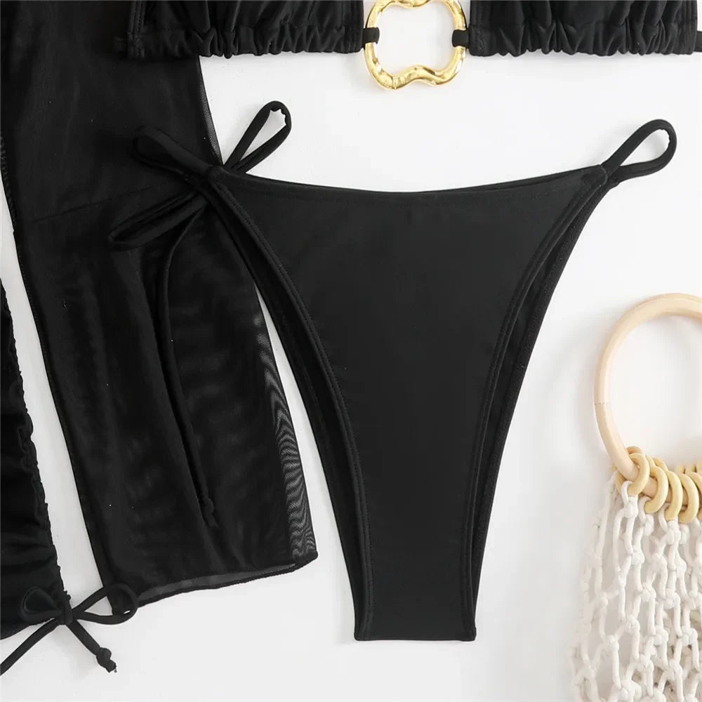 Women’s Brown Halter String Triangle Bikini Set — 4‑Piece Mesh Smock Cover‑Up Swimwear with Metal Ring Details