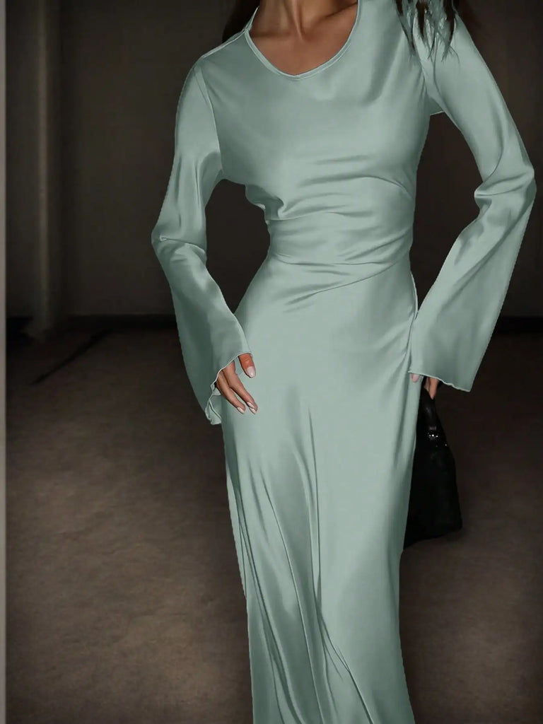 Women’s Bespoke Satin Maxi Dress – Corset Waist Tie, Round Neck & Flared Sleeves | Luxury Evening Gown 2026