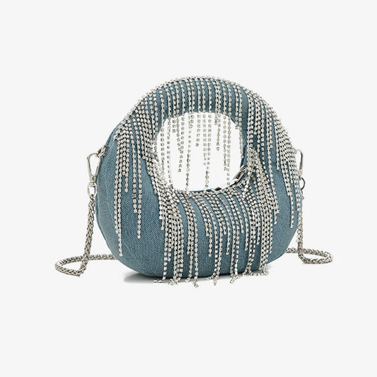 Half Moon Evening Clutch Party Bags For Women Luxury Designer Denim Tassel Rhinestone Handbag Shiny Sequins Chain Shoulder Purse