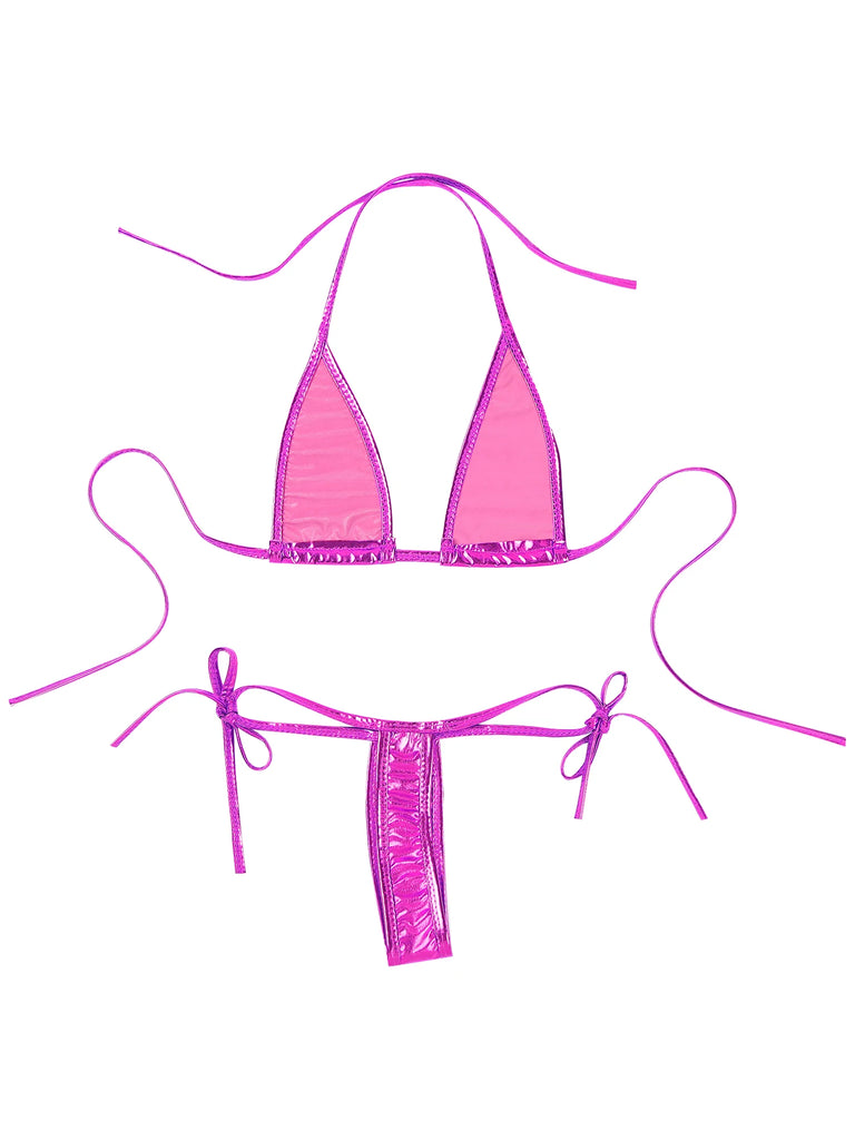 Women’s Metallic Shiny Bikini Set – Lacing Brazilian Micro Swimsuit with Triangle Top & G‑String Bottoms