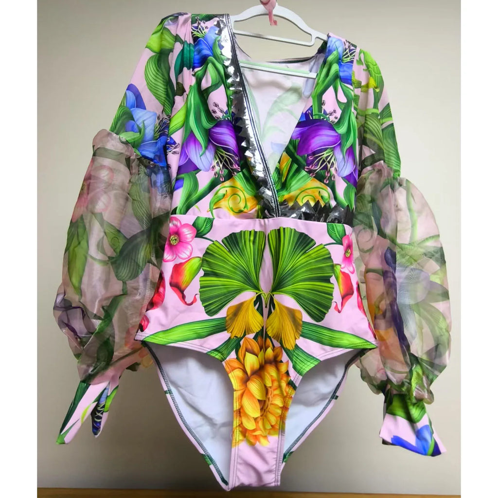 Women’s 2026 V‑Neck Long‑Sleeve Bikini Set – Printed Two‑Piece Swimsuit with Maxi Skirt Cover‑Up