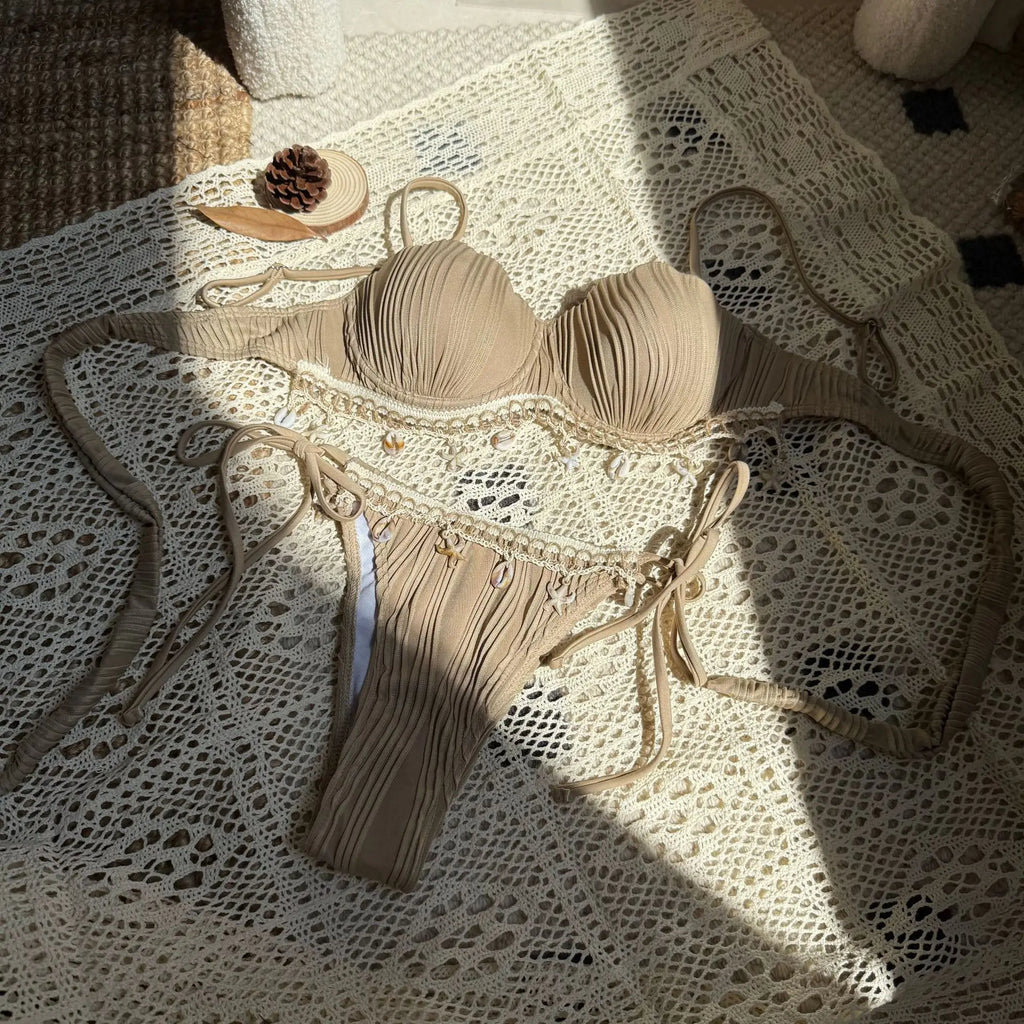 Women’s White Shell Bikini Set – Ruffled Push‑Up Underwire Thong Swimsuit with Starfish Ornaments 2025