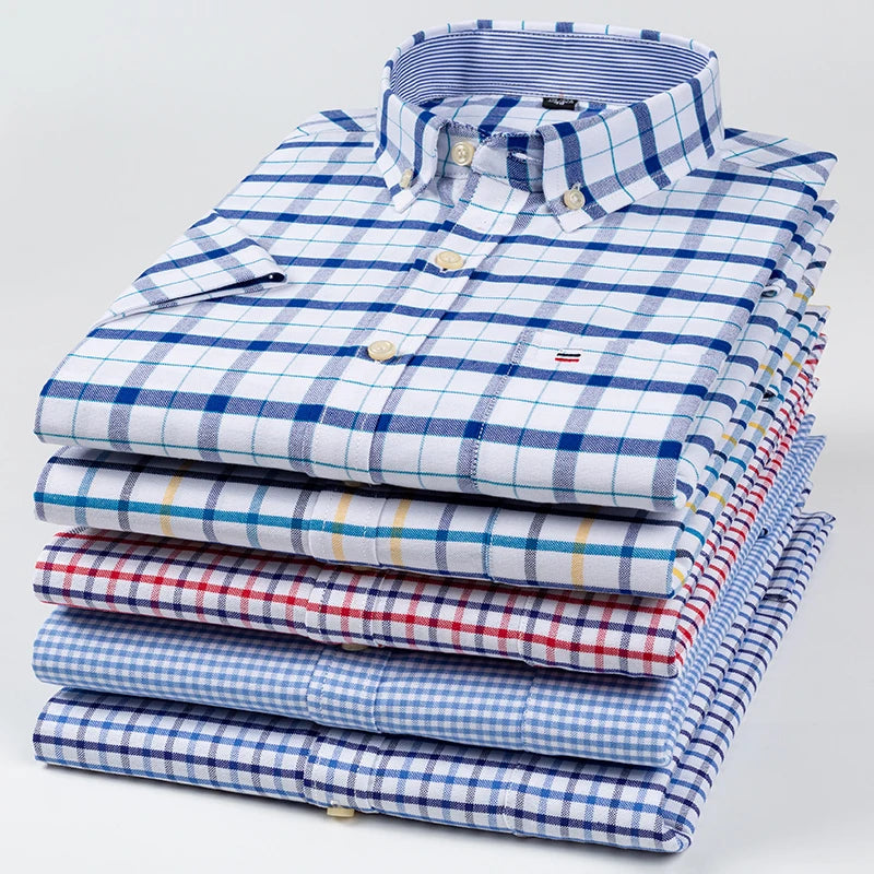 Men’s 100% Cotton Oxford Short‑Sleeve Shirt – Breathable Summer Plaid/Striped Business Casual (Regular/Oversized Fit)