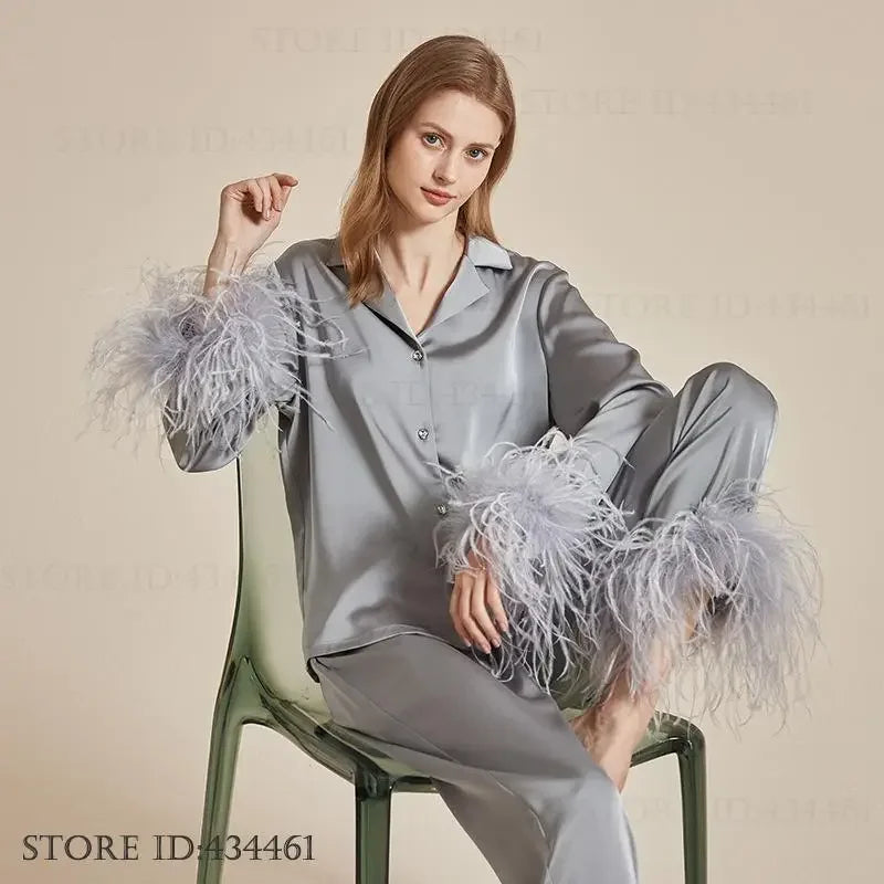 luxury feather‑trim satin pajama set