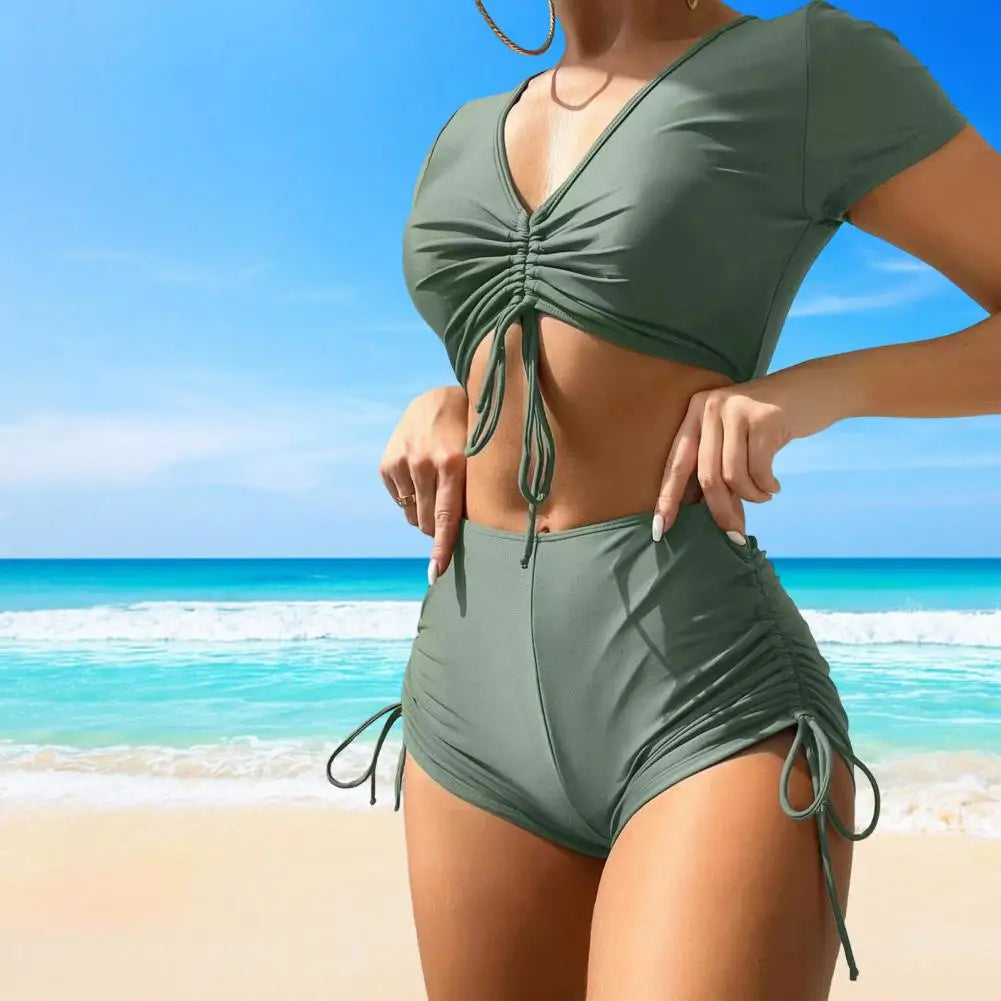 Solid Color Swimwear Stylish Women's Summer Bikini Set with V-neck Short Sleeve Tops High Waist Drawstring Swimming for Beach