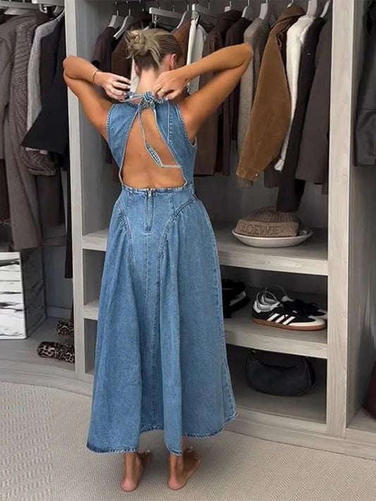 Trendy Women's Summer Denim Dresses Backless Sleevess Long O-Neck Dress Female Vintage Washed Blue Casual Daily Beach Streetwear