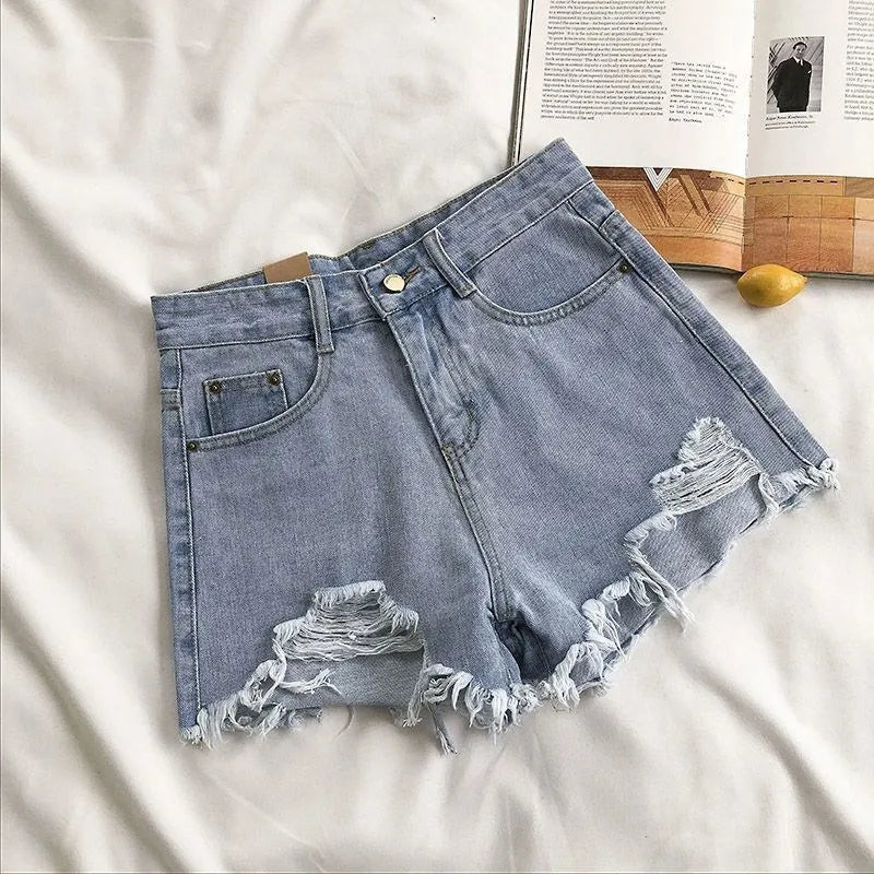 Women’s Korean High‑Waist Ripped Denim Shorts – Y2K Tassel Hot Pants Summer Streetwear (Blue)
