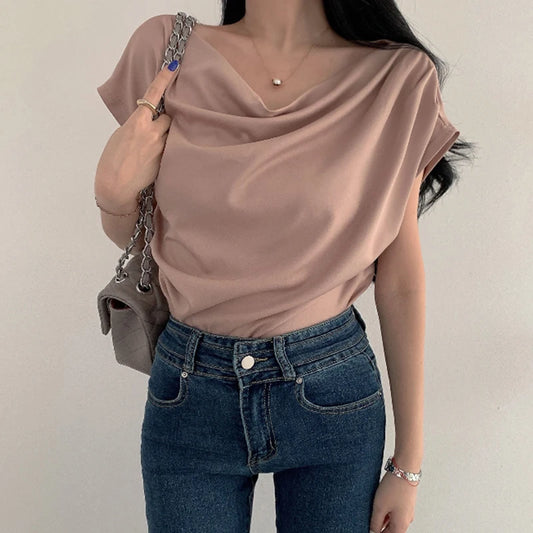 Temperament Off Shoulder Design Versatile Short Sleeve Pile Up Collar Shirt Slash Crop Top Blusas Mujer De Moda 2025 Slim Shirts
