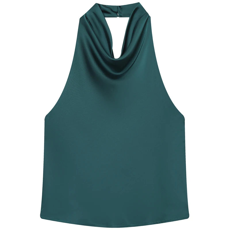 Women’s Satin Halter Backless Corset Top – Elegant Summer Sleeveless Tank in Yellow, Pink, Black