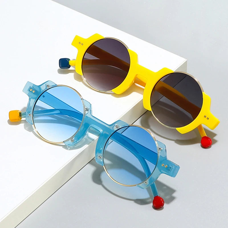 SO&EI Ins Popular Fashion Round Women Punk Sunglasses Retro Rivets Men Trending Yellow Blue Sun Glasses Gradient Shades UV400