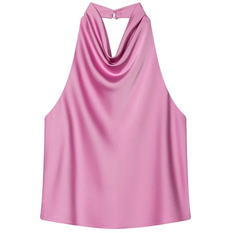 Women’s Satin Halter Backless Corset Top – Elegant Summer Sleeveless Tank in Yellow, Pink, Black