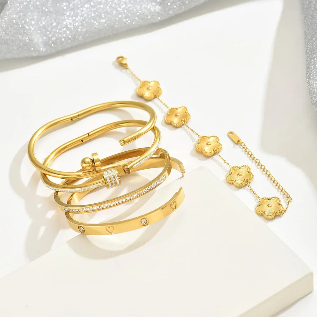 Waterproof Stainless Steel Bangle Lucky Clover Women's Gold Plated Bracelets with Flowers Design Luxury Jewelry Gift
