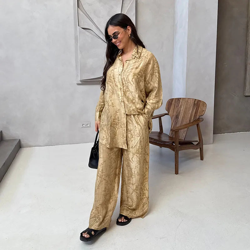 Vintage Women's Shirt Pant Suit Loose V-neck Lace Up Long Sleeve Oversize Shirts Wide Leg Pants 2025 Spring Summer 2 Pieces Set
