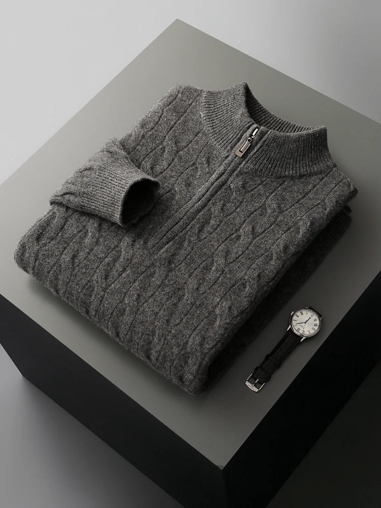 Autumn Winter Men Half Zippers 100% Merino Wool Sweater Thicken Twist Flower Pullover Retro Casual Cashmere Knitwear Solid Tops
