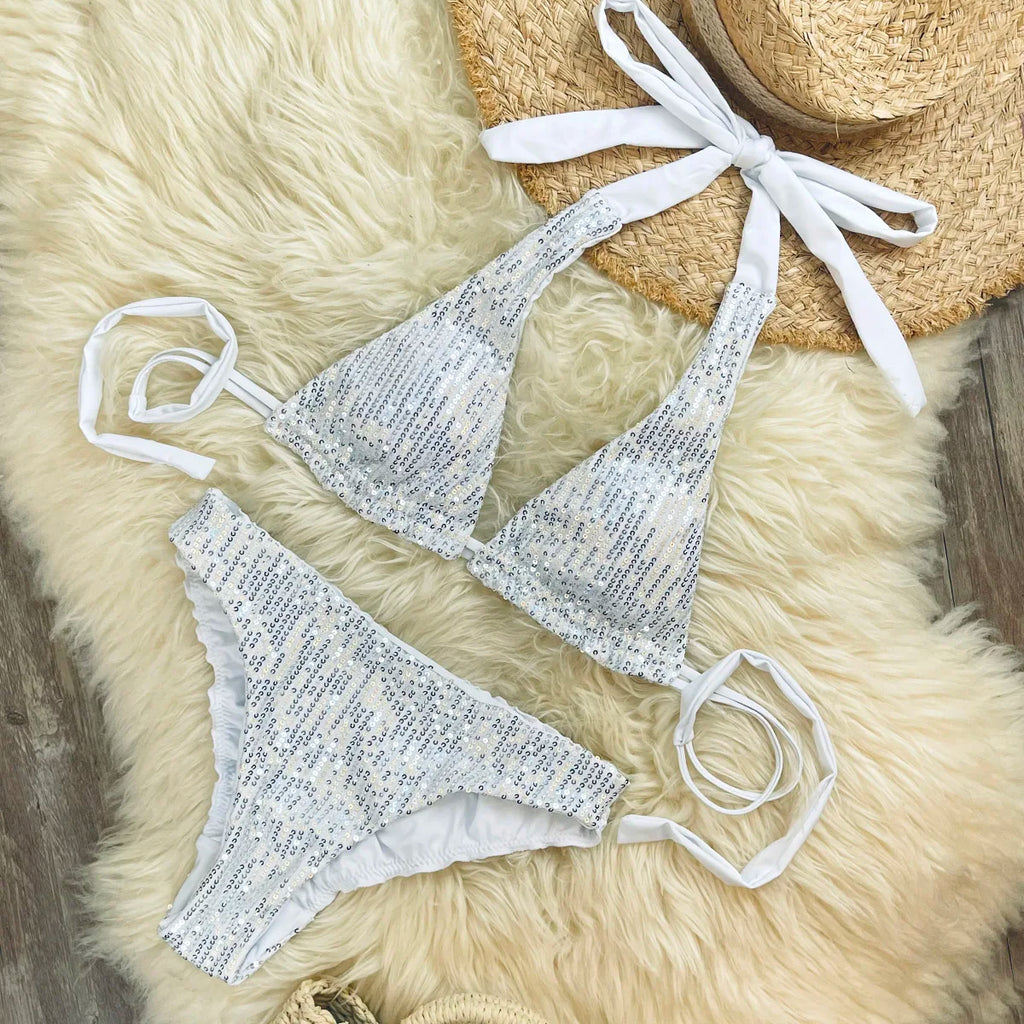 Melphieer Sequins Sparkle Bikini Set — Strappy Bandage Ruching Bum Two‑Piece Swimsuit for Beach, Pool & Holiday Outfits