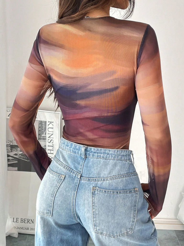 Women’s Pleated Mesh Floral Print Bodysuit