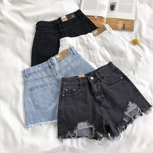 Women’s Korean High‑Waist Ripped Denim Shorts – Y2K Tassel Hot Pants Summer Streetwear (Blue)