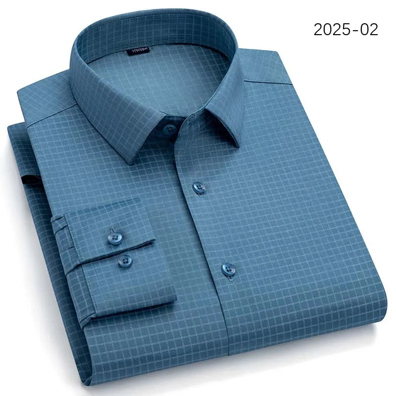 Men Long Sleeve Shirts Fashion Print Plaid Wrinkle Resistant Non Ironing Stripe Man Clothing Casual Smart Business Dress Shirts