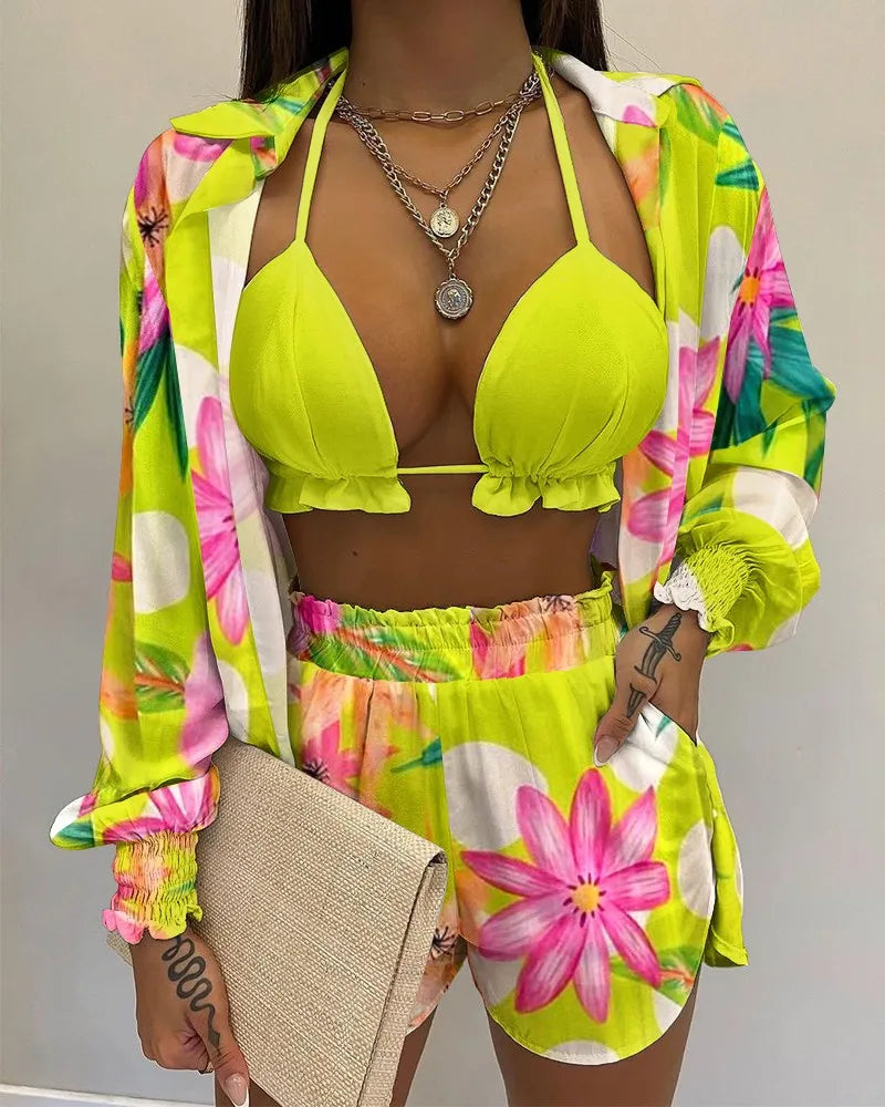Women’s 2024 High‑Waist 3‑Piece Bikini Set – Printed Swimsuit with Shorts Cover‑Up Summer Beachwear
