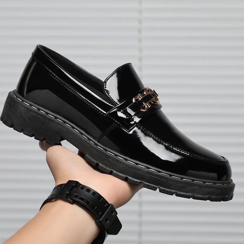 Spring and Autumn Horse Buckle Bright Men's Lok Fu Shoes Black work shoes Fashion Gentleman's Shoes Leisure Student Shoes