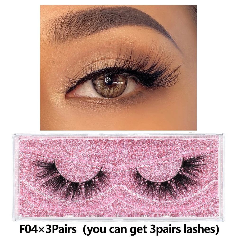 FOXESJI 3Pairs 3D Mink Lashes Fluffy Wispy Soft Corss Mink Fake Eyelashes Reusable Lash Extension Thick False Eyelashes Makeup