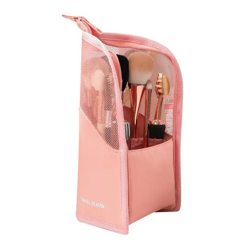 Makeup Brush Case Makeup Brush Holder Travel Waterproof Cosmetic Bag Stand-up Foldable Makeup Cup with Zipper (Black + Pink)