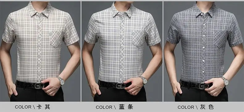 Grey Plaid Short‑Sleeve Button‑Down Shirt
