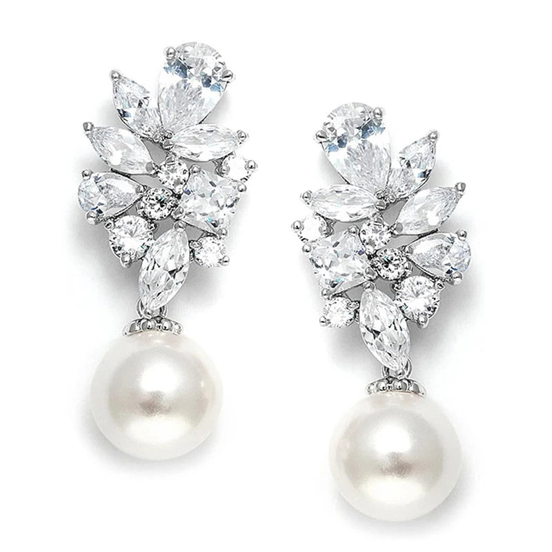 Huitan Luxury Lady Wedding Earrings Exquisite Simulated Pearl Pendant Jewelry Bright Zirconia Accessories for Engagement Party