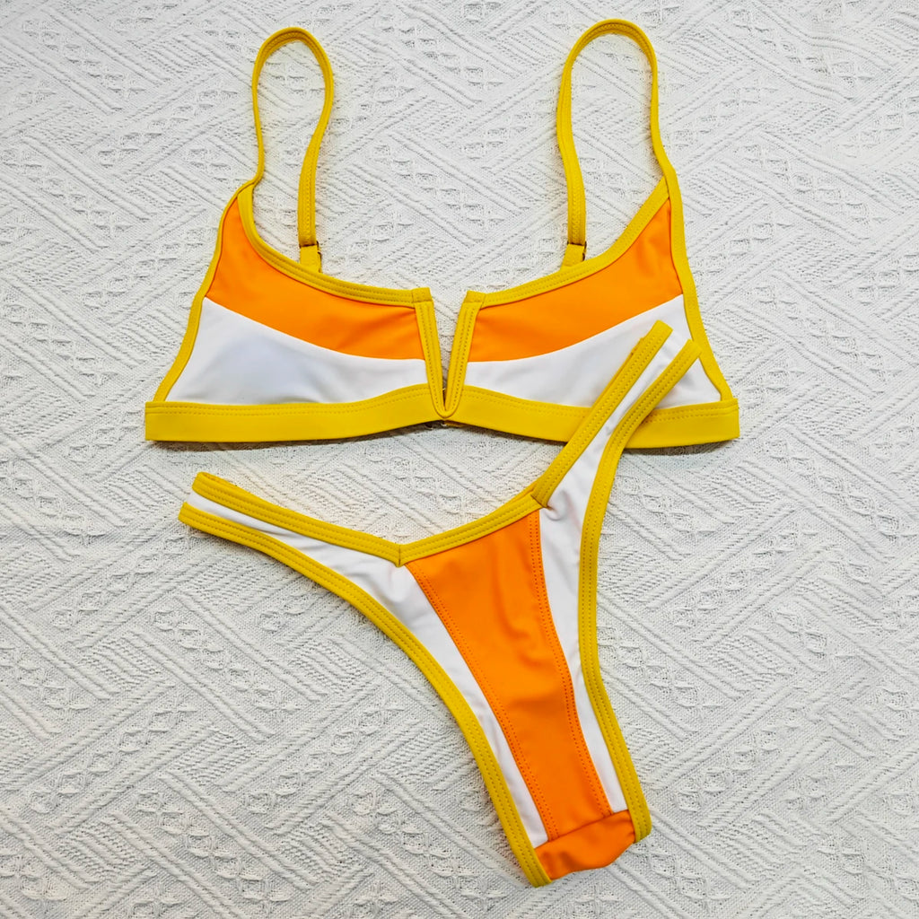 Vintage Retro Bikini Patchwork Swimsuit Thong Brazilian Sexy Swimwear Female 2024 New Summer Micro V-bar Green Bathing Suits