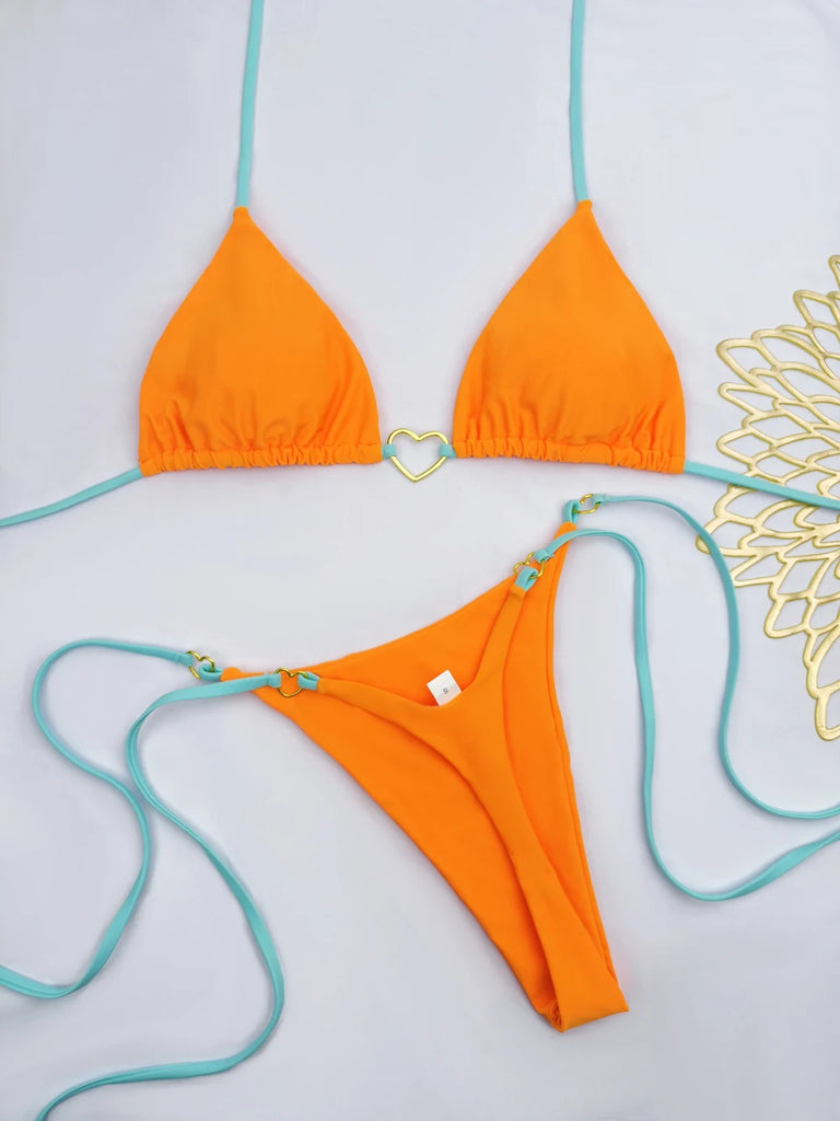 Women’s Sexy Halter Triangle Bikini – Low‑Waist Brazilian Thong Two‑Piece Swimsuit (Solid Color)