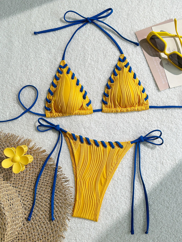 Halter Wrinkled Weave Bikini Set Women Swimwear Female Swimsuit Two Pieces Bikini Set Brazilian Bathing Suit Swim Beach Wear