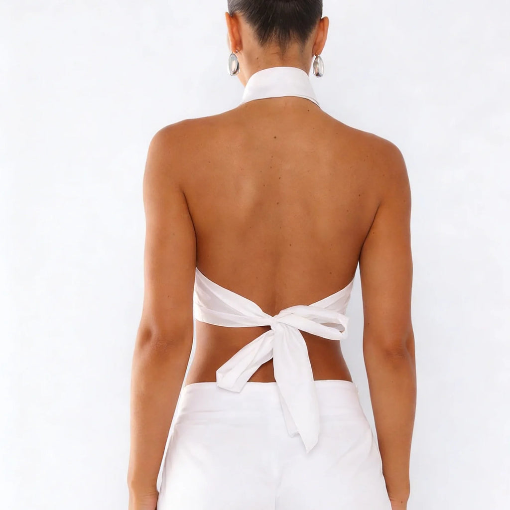 Women Button up Halter Tops Summer Trendy Lapel Tie up Backless Shirts for Streetwear Aesthetic Grunge Clothes