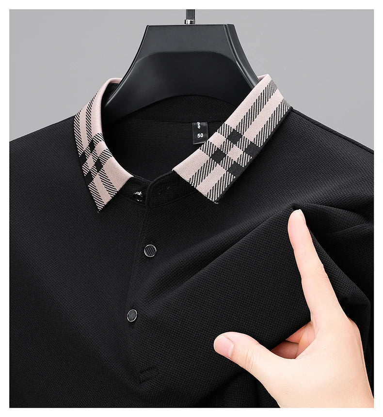 Men’s Light‑Luxury Long‑Sleeve Striped Polo Shirt