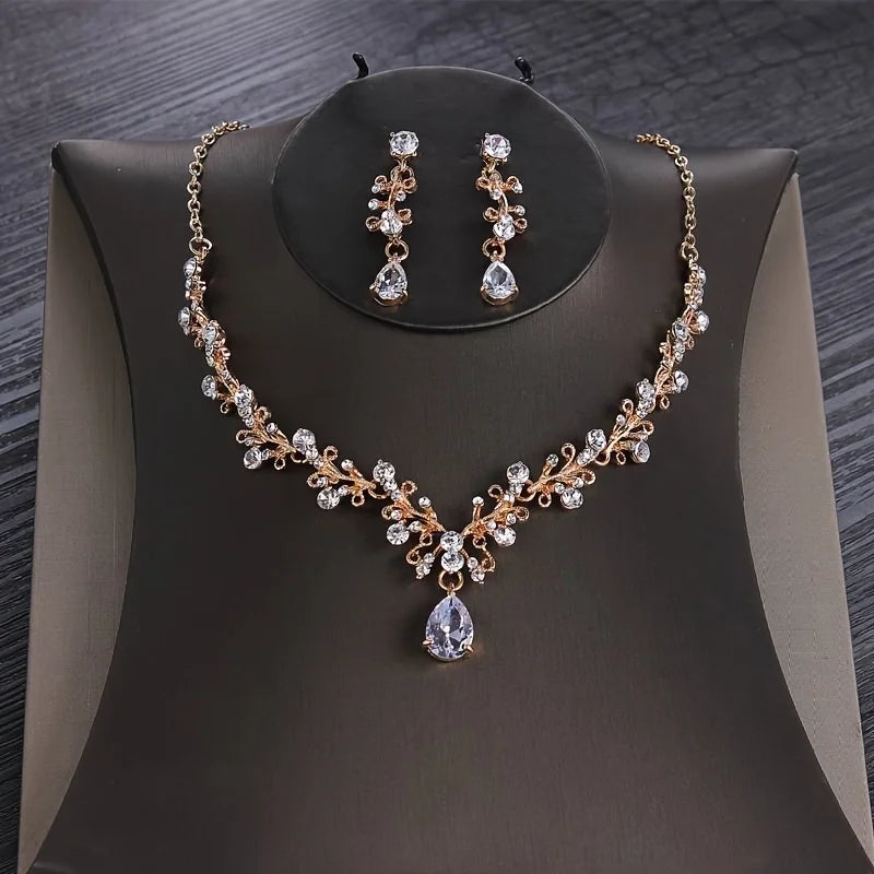 3 Pcs Luxury Silver Color Crystal Water Drop Bridal Jewelry Set Rhinestone Tiara Crown Necklace Earring Set Bridal Wedding Jewel