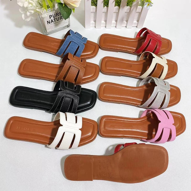 Women’s French Square Toe Slides — Multicolor H‑Slippers Summer Beach Sandals High‑Quality Designer Style