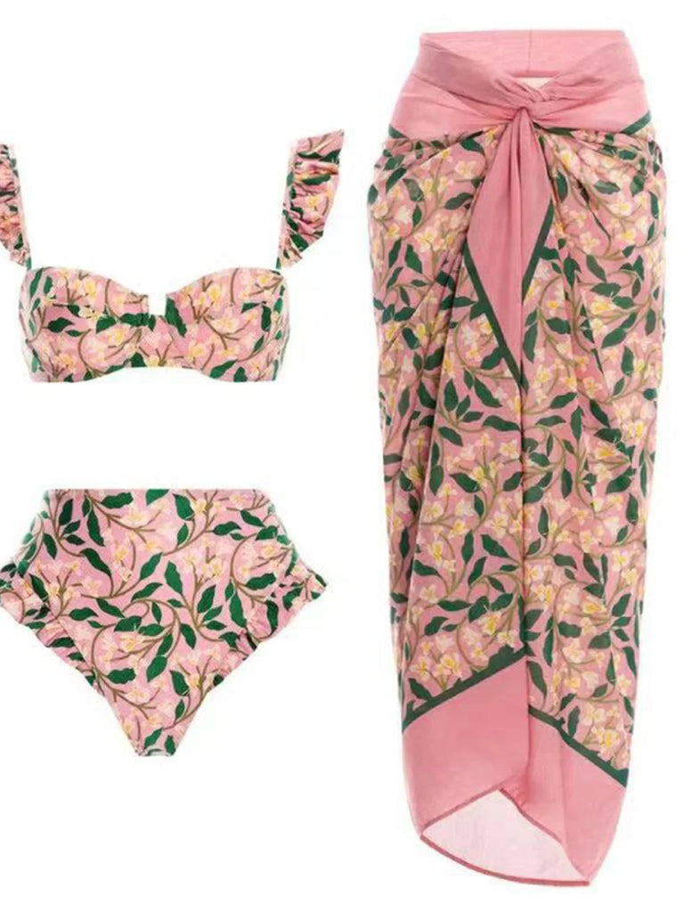 S- XL Printed Underwired Female Swimsuit High Waist Bikini Women Swimwear Three-pieces Bikini set Bather Bathing Suit Swim V4106