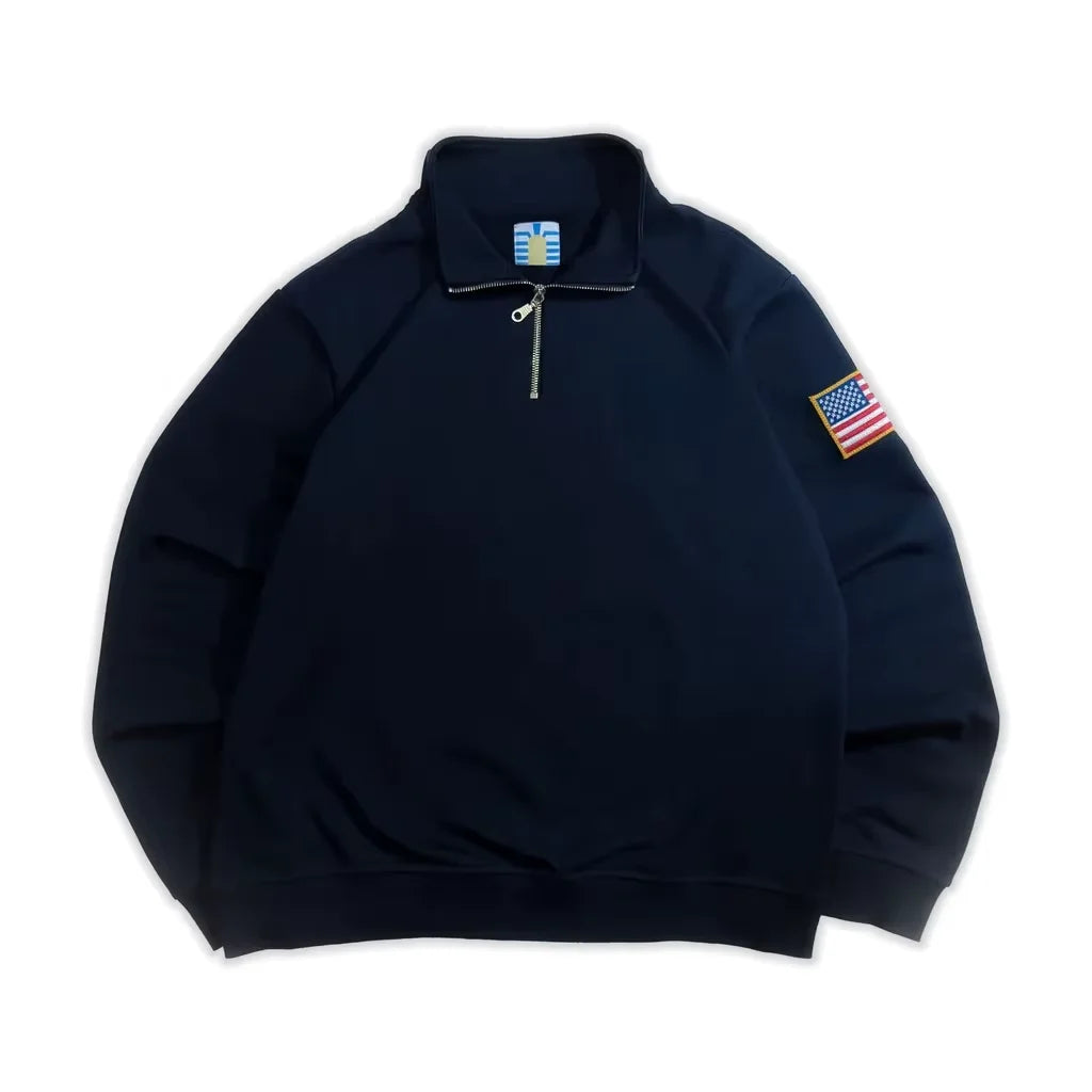 Y2K American Flag Embroider Hoodies Quarter Zip Sweatshirts Men Navy Blue White Pullover Patch Sleeve Streetwear Casual Sweater