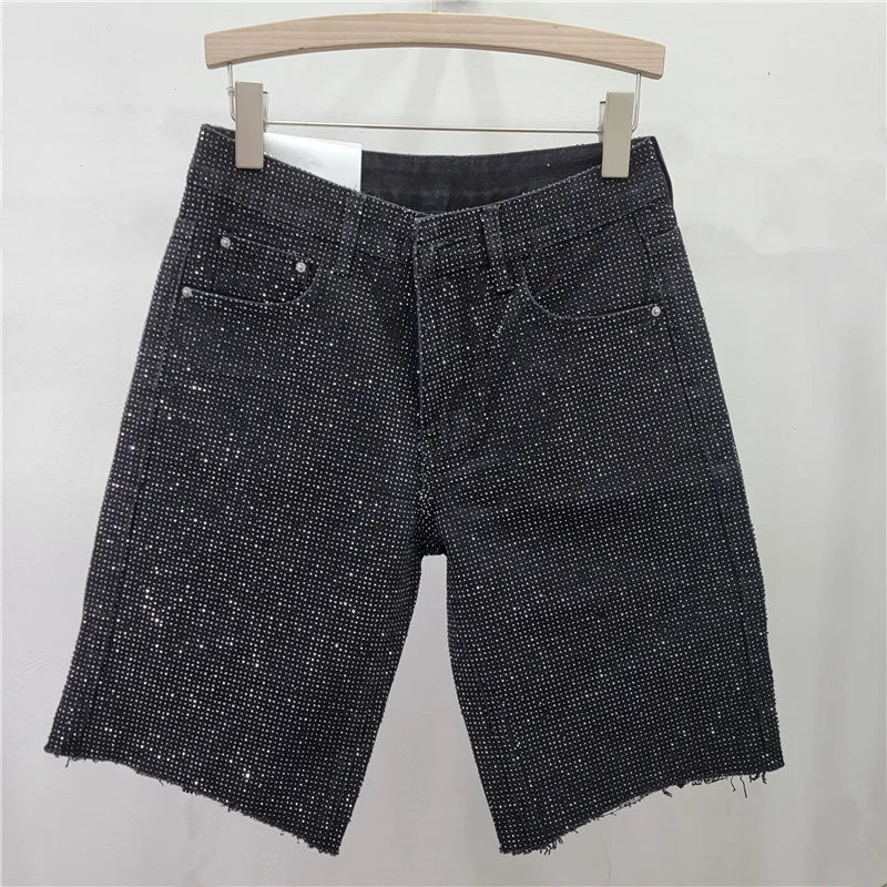 Women Starry Diamonds Denim Shorts Straight Legs Rhinestones Jeans Pants Spring Summer High Waisted Crystal Cowboy Trousers